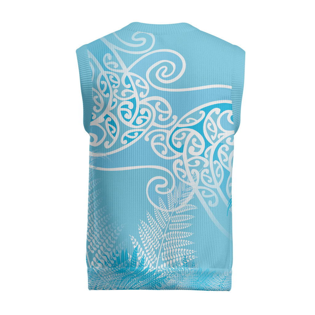 Aotearoa Maori Koru Curves Christmas Knitted V-Neck Vest Silver Ferns - Turquoise
