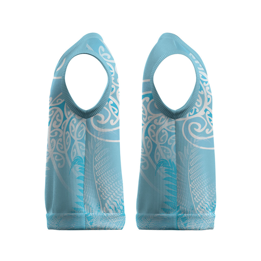 Aotearoa Maori Koru Curves Christmas Knitted V-Neck Vest Silver Ferns - Turquoise