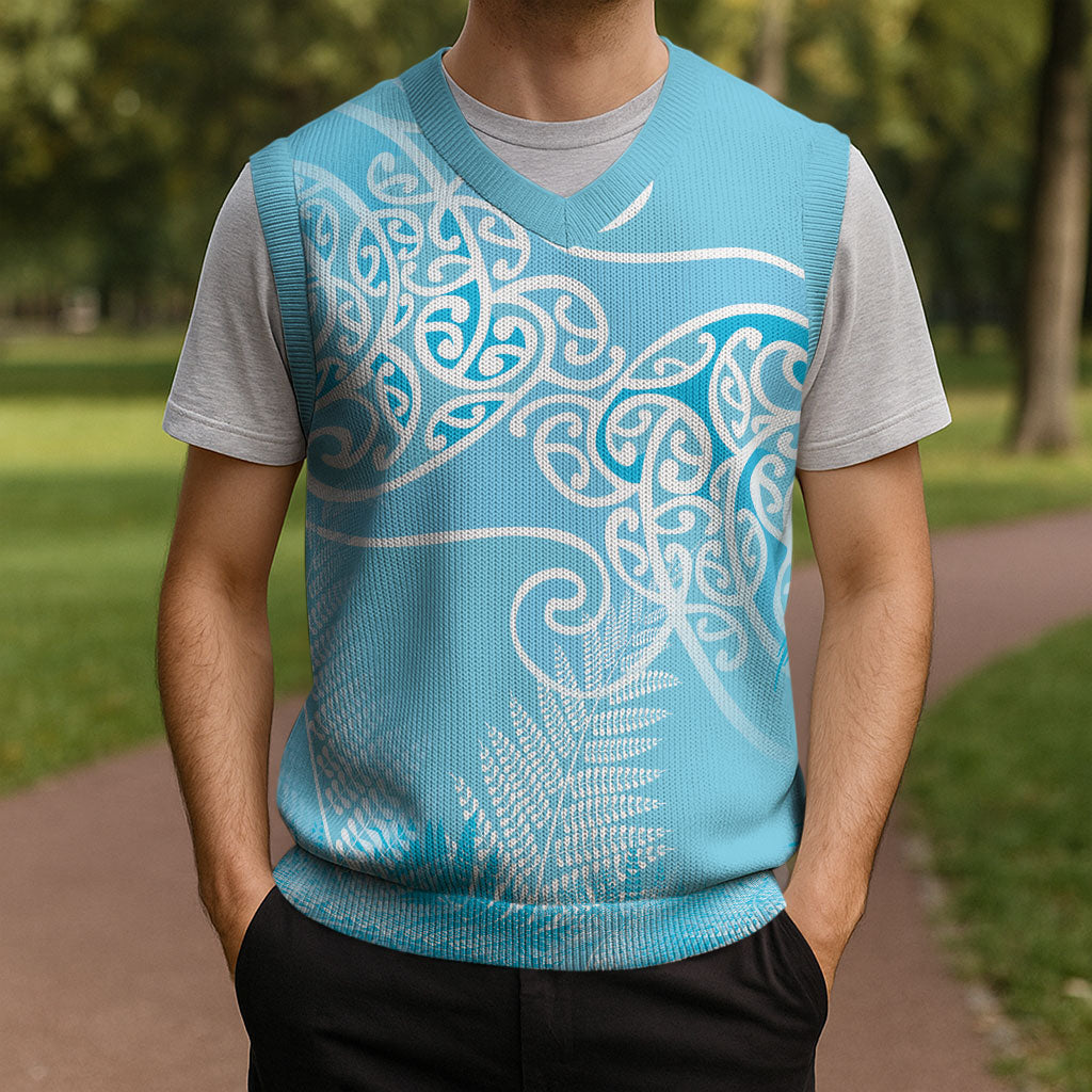 Aotearoa Maori Koru Curves Christmas Knitted V-Neck Vest Silver Ferns - Turquoise
