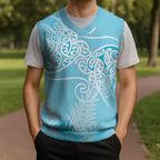 Aotearoa Maori Koru Curves Christmas Knitted V-Neck Vest Silver Ferns - Turquoise
