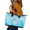 Aotearoa Maori Koru Curves Leather Tote Bag Silver Ferns - Turquoise