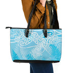 Aotearoa Maori Koru Curves Leather Tote Bag Silver Ferns - Turquoise