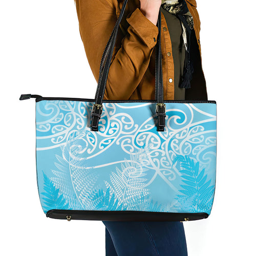 Aotearoa Maori Koru Curves Leather Tote Bag Silver Ferns - Turquoise