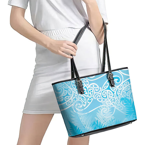 Aotearoa Maori Koru Curves Leather Tote Bag Silver Ferns - Turquoise