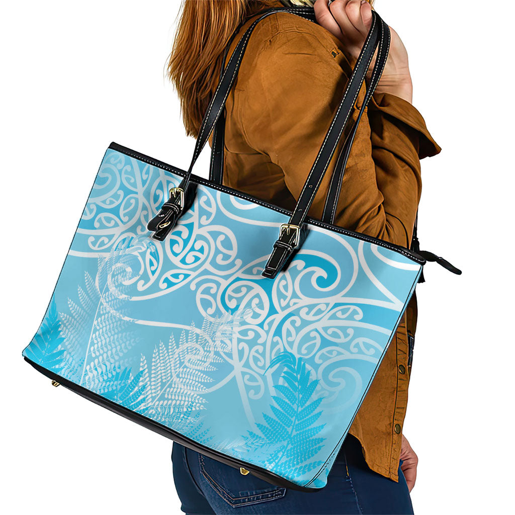 Aotearoa Maori Koru Curves Leather Tote Bag Silver Ferns - Turquoise
