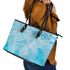 Aotearoa Maori Koru Curves Leather Tote Bag Silver Ferns - Turquoise