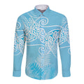 Aotearoa Maori Koru Curves Long Sleeve Button Shirt Silver Ferns - Turquoise