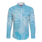 Aotearoa Maori Koru Curves Long Sleeve Button Shirt Silver Ferns - Turquoise