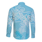 Aotearoa Maori Koru Curves Long Sleeve Button Shirt Silver Ferns - Turquoise