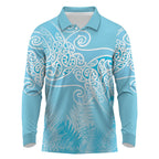 Aotearoa Maori Koru Curves Long Sleeve Polo Shirt Silver Ferns - Turquoise