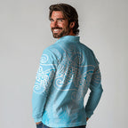 Aotearoa Maori Koru Curves Long Sleeve Polo Shirt Silver Ferns - Turquoise