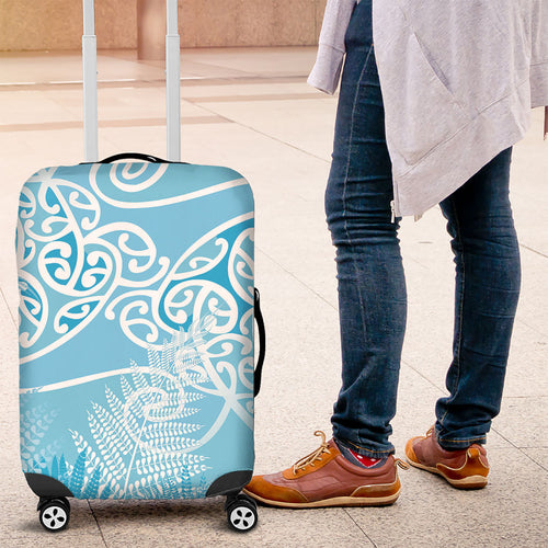 Aotearoa Maori Koru Curves Luggage Cover Silver Ferns - Turquoise
