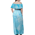 Aotearoa Maori Koru Curves Off Shoulder Maxi Dress Silver Ferns - Turquoise