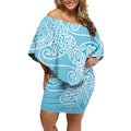 Aotearoa Maori Koru Curves Off Shoulder Short Dress Silver Ferns - Turquoise