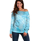 Aotearoa Maori Koru Curves Off Shoulder Sweater Silver Ferns - Turquoise