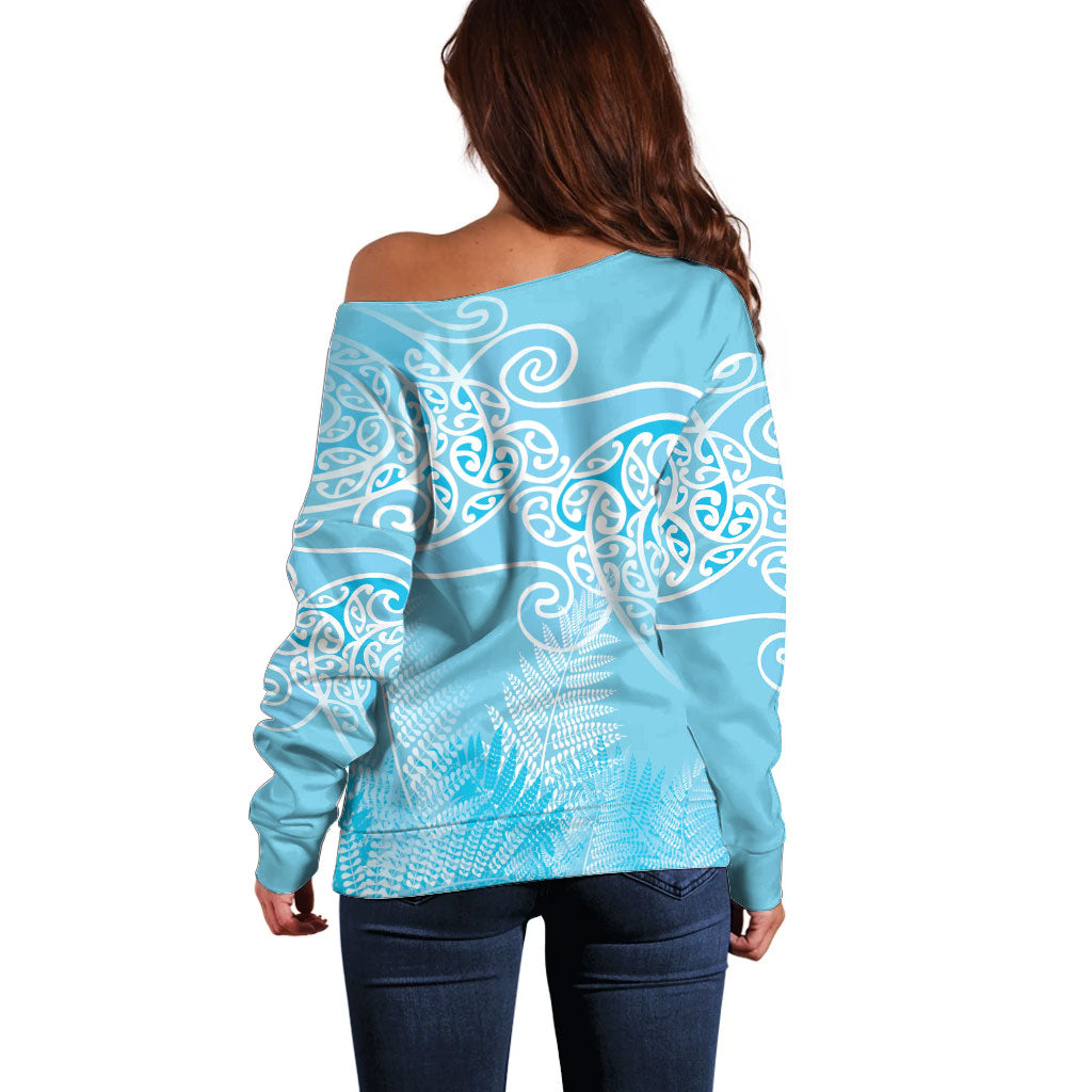 Aotearoa Maori Koru Curves Off Shoulder Sweater Silver Ferns - Turquoise