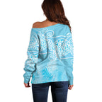 Aotearoa Maori Koru Curves Off Shoulder Sweater Silver Ferns - Turquoise