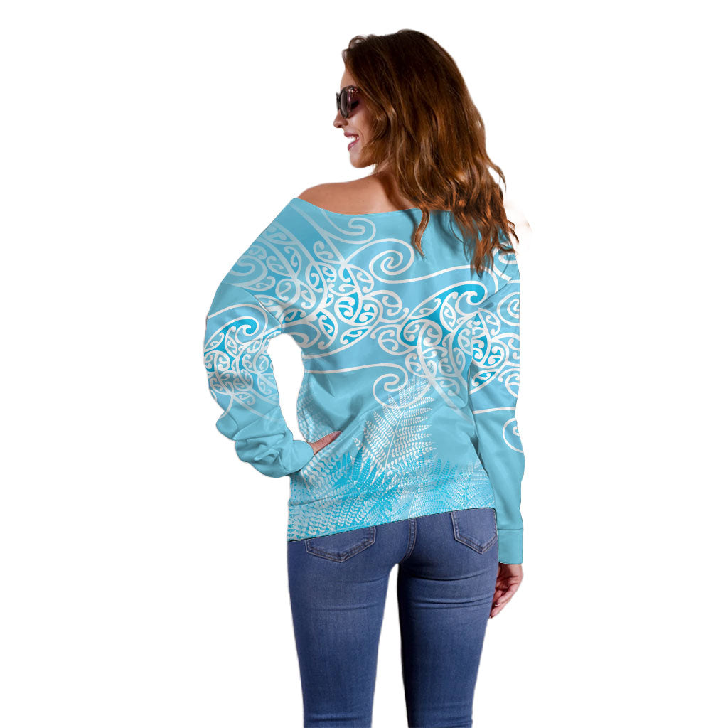 Aotearoa Maori Koru Curves Off Shoulder Sweater Silver Ferns - Turquoise