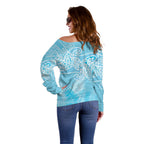 Aotearoa Maori Koru Curves Off Shoulder Sweater Silver Ferns - Turquoise