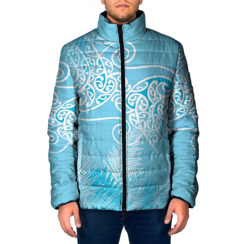 Aotearoa Maori Koru Curves Padded Jacket Silver Ferns - Turquoise