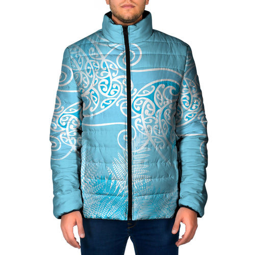 Aotearoa Maori Koru Curves Padded Jacket Silver Ferns - Turquoise