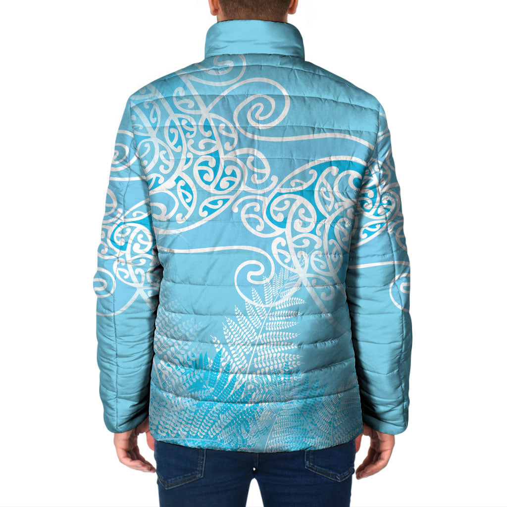 Aotearoa Maori Koru Curves Padded Jacket Silver Ferns - Turquoise