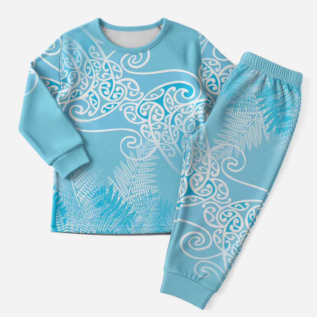 Aotearoa Maori Koru Curves Christmas Pajama Set Silver Ferns - Turquoise