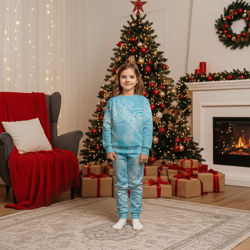 Aotearoa Maori Koru Curves Christmas Pajama Set Silver Ferns - Turquoise