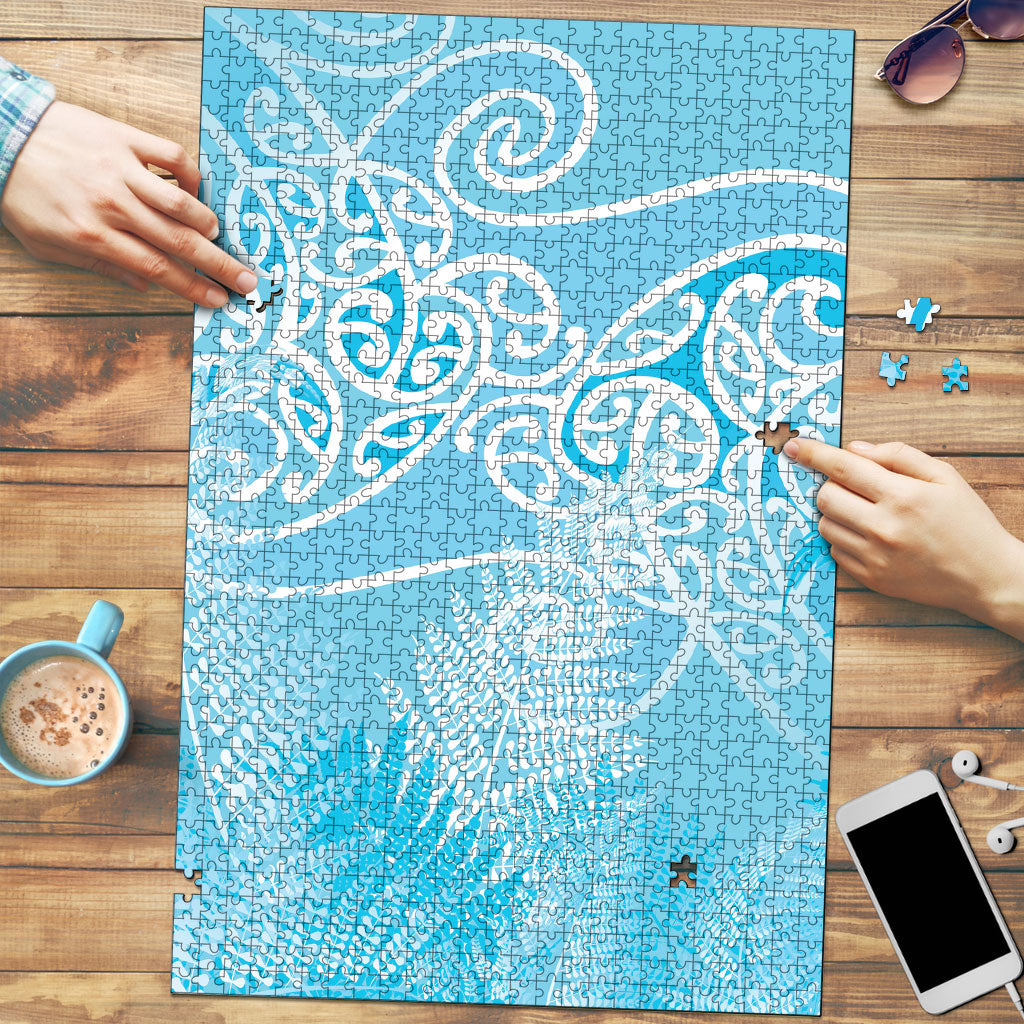 Aotearoa Maori Koru Curves Puzzle Silver Ferns - Turquoise
