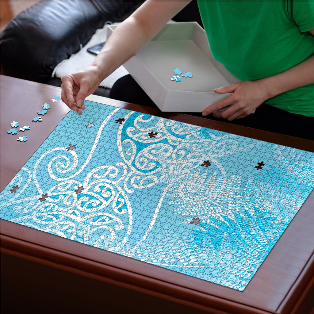 Aotearoa Maori Koru Curves Puzzle Silver Ferns - Turquoise