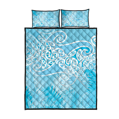 Aotearoa Maori Koru Curves Quilt Bed Set Silver Ferns - Turquoise