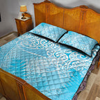 Aotearoa Maori Koru Curves Quilt Bed Set Silver Ferns - Turquoise