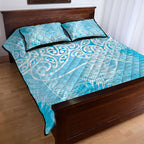 Aotearoa Maori Koru Curves Quilt Bed Set Silver Ferns - Turquoise