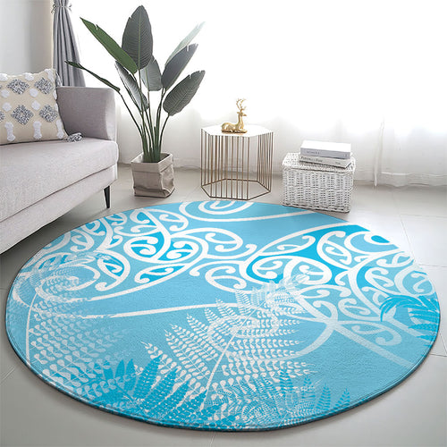 Aotearoa Maori Koru Curves Round Carpet Silver Ferns - Turquoise