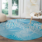 Aotearoa Maori Koru Curves Round Carpet Silver Ferns - Turquoise