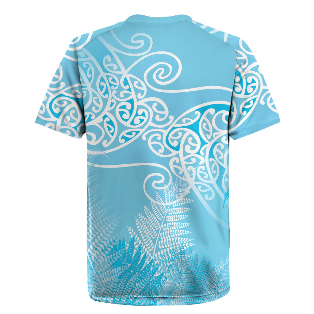 Aotearoa Maori Koru Curves Rugby Jersey Silver Ferns - Turquoise