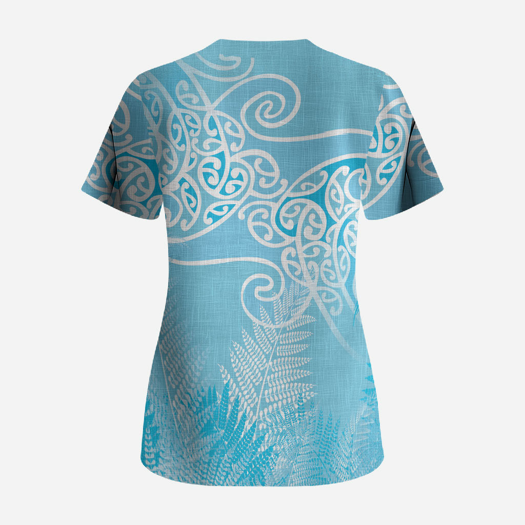 Aotearoa Maori Koru Curves Scrub Top Silver Ferns - Turquoise