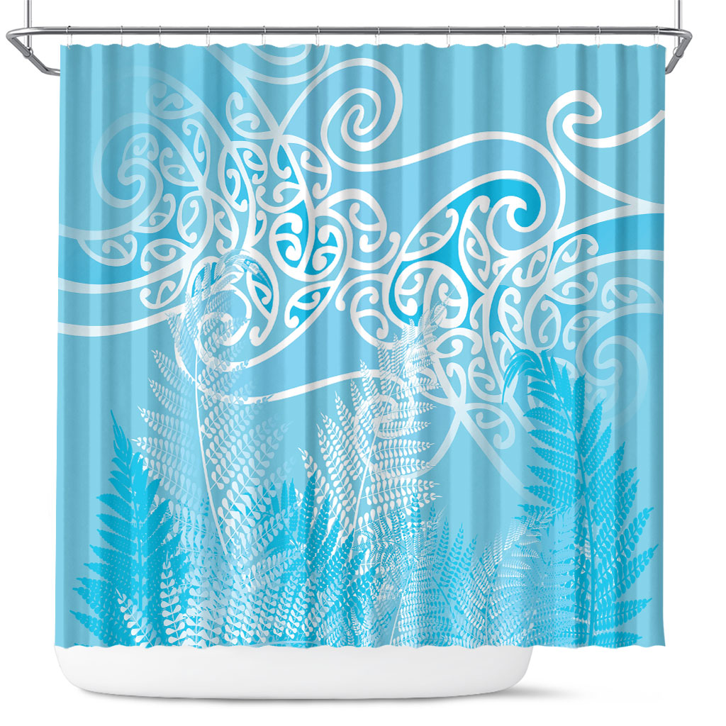 Aotearoa Maori Koru Curves Shower Curtain Silver Ferns - Turquoise