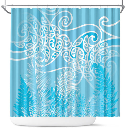 Aotearoa Maori Koru Curves Shower Curtain Silver Ferns - Turquoise