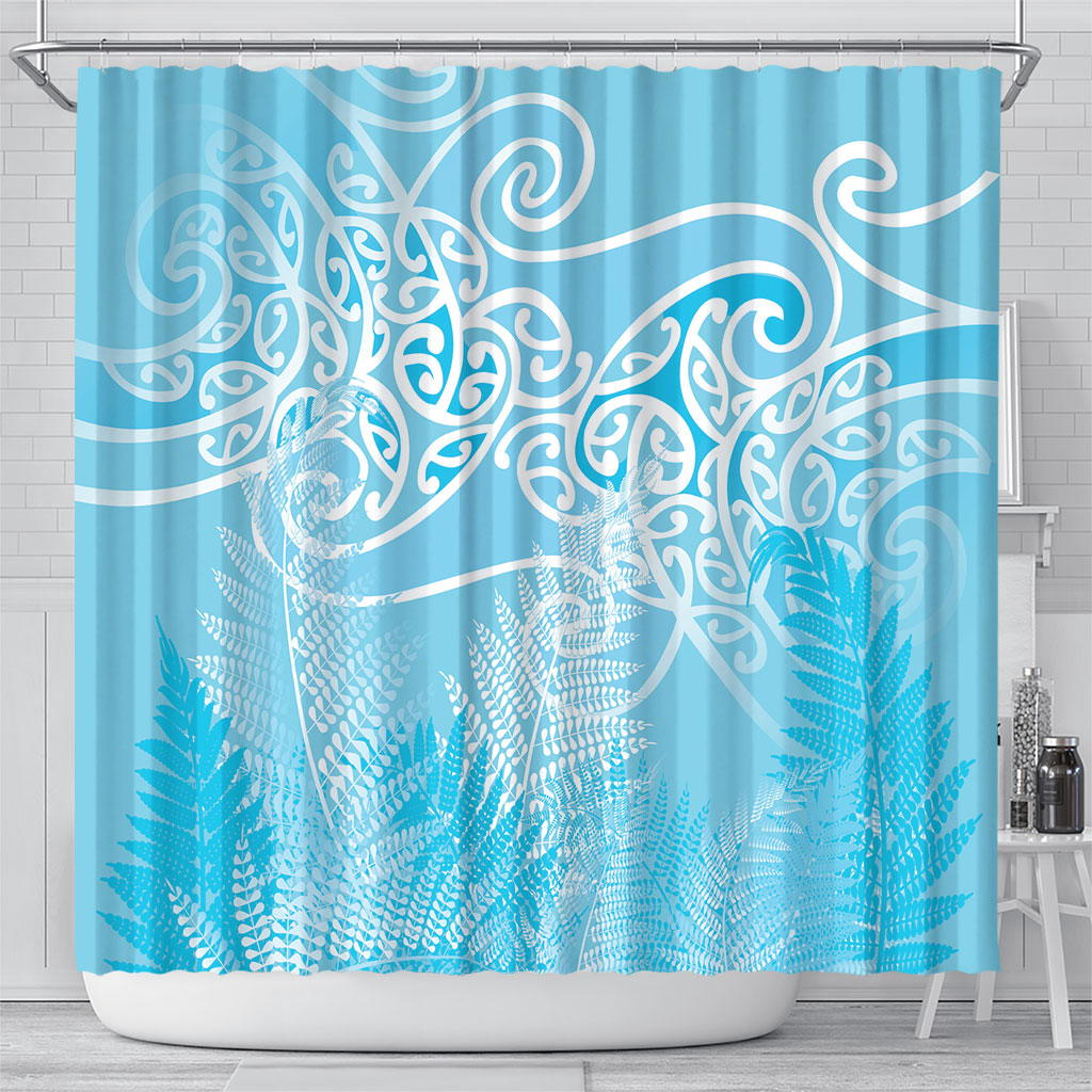 Aotearoa Maori Koru Curves Shower Curtain Silver Ferns - Turquoise
