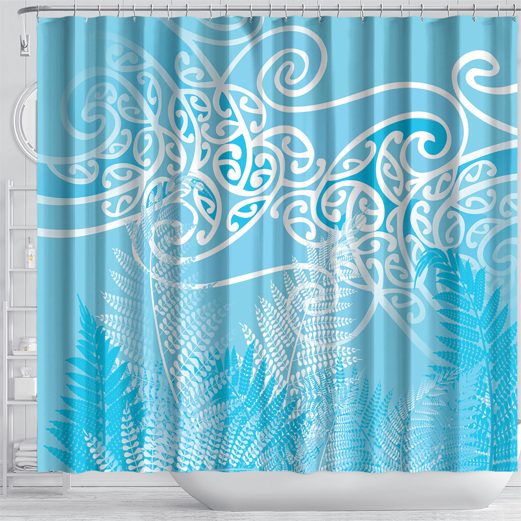 Aotearoa Maori Koru Curves Shower Curtain Silver Ferns - Turquoise