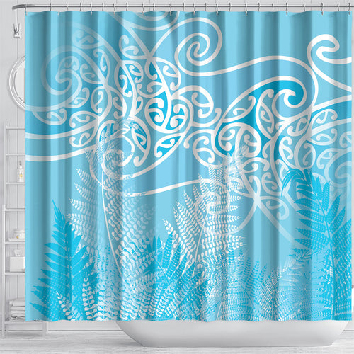 Aotearoa Maori Koru Curves Shower Curtain Silver Ferns - Turquoise