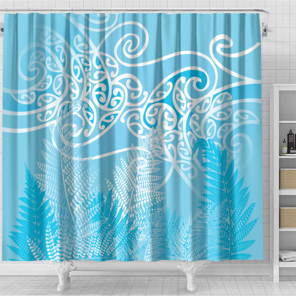 Aotearoa Maori Koru Curves Shower Curtain Silver Ferns - Turquoise