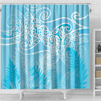 Aotearoa Maori Koru Curves Shower Curtain Silver Ferns - Turquoise