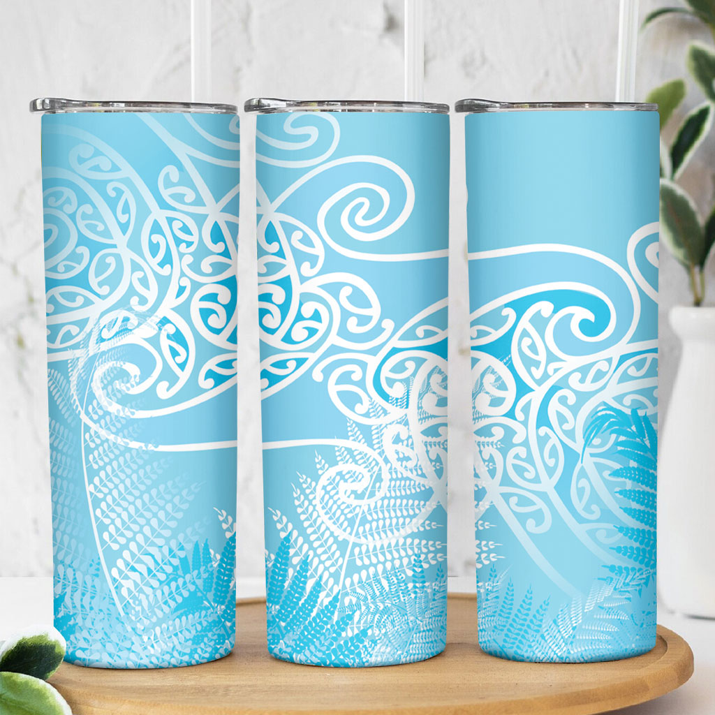 Aotearoa Maori Koru Curves Skinny Tumbler Silver Ferns - Turquoise
