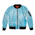 Aotearoa Maori Koru Curves Sleeve Zip Bomber Jacket Silver Ferns - Turquoise