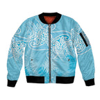 Aotearoa Maori Koru Curves Sleeve Zip Bomber Jacket Silver Ferns - Turquoise