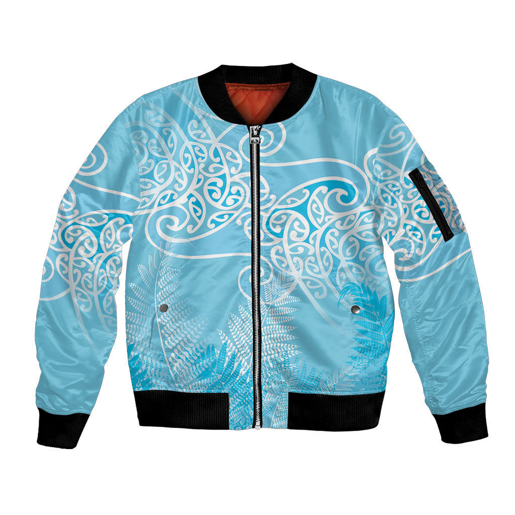 Aotearoa Maori Koru Curves Sleeve Zip Bomber Jacket Silver Ferns - Turquoise