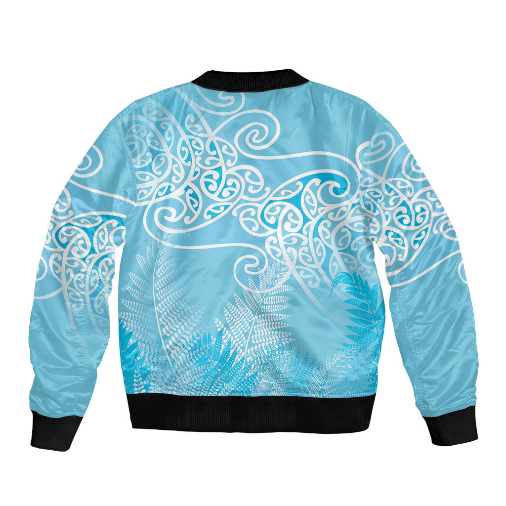 Aotearoa Maori Koru Curves Sleeve Zip Bomber Jacket Silver Ferns - Turquoise