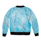 Aotearoa Maori Koru Curves Sleeve Zip Bomber Jacket Silver Ferns - Turquoise